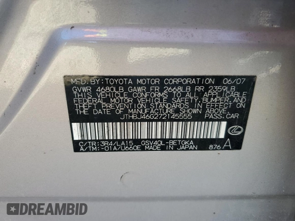 2007 Lexus ES 330 with VIN JTHBJ46G272145555, listed as a Copart auction lot 47343265 with 233,294 mi miles and Salvage Title. Bid and sale history available at DreamBid. Image 12.