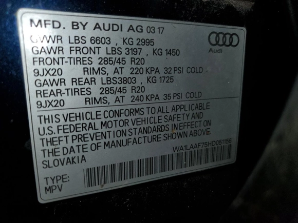2017 Audi Q7 Premium Plus with VIN WA1LAAF75HD051156, listed as a Copart auction lot 56359105 with 131,306 mi miles and Clean Title. Bid and sale history available at DreamBid. Image 13.