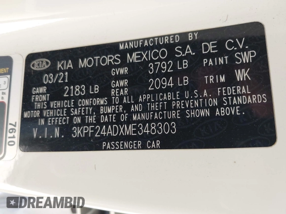 2021 Kia Forte LXS z VIN 3KPF24ADXME348303, wystawiony jako IAAI lot #42082884 z przebiegiem 102 754 mil mil oraz . Historia ofert i sprzedaży dostępna na DreamBid. Obrazek 9.