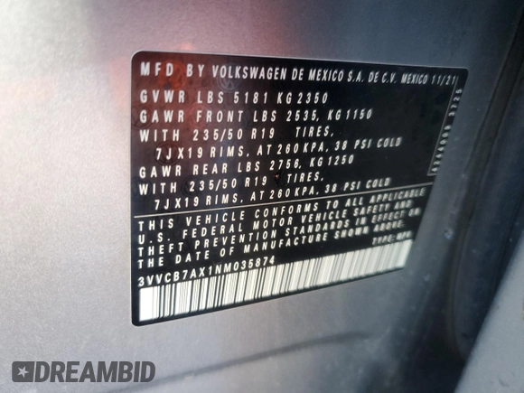 2022 Volkswagen Tiguan SE R-Line Black с VIN 3VVCB7AX1NM035874, выставлен на аукционе Copart как лот 81419224 с пробегом Не указан миль и Списание • Salvage title. История ставок и продаж доступна на DreamBid. Изображение 15.