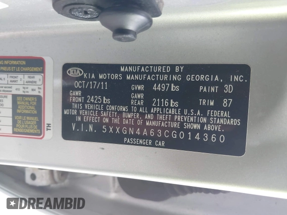 2012 Kia Optima EX with VIN 5XXGN4A63CG014360, listed as a IAAI auction lot 41684960 with 257,182 mi miles and . Bid and sale history available at carsss.com. Image 9.
