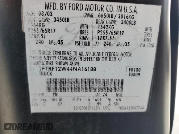 2004 Ford F-150 XL with VIN 1FTRF12W44NA16188, listed as a Copart auction lot 47353185 with 253,561 mi miles and Non Repairable. Bid and sale history available at carsss.com. Image 12.