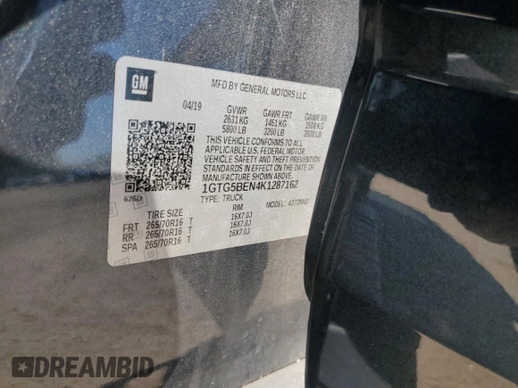 2019 GMC Canyon 2WD with VIN 1GTG5BEN4K1287162, listed as a Copart auction lot 85856374 with 119,757 mi miles and Salvage Title. Bid and sale history available at carsss.com. Image 12.