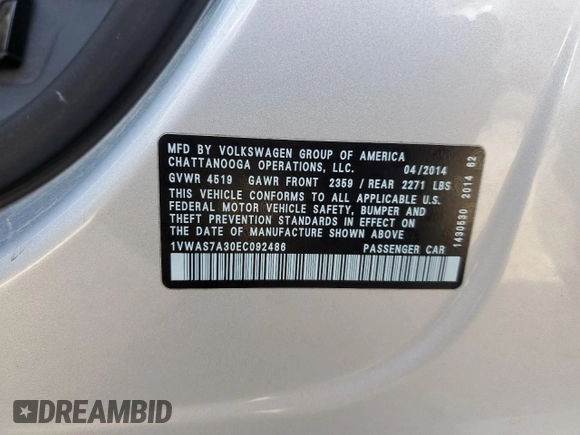 2014 Volkswagen Passat S with VIN 1VWAS7A30EC092486, listed as a Copart auction lot 87487514 with 15,800 mi miles and Salvage Title. Bid and sale history available at carsss.com. Image 14.