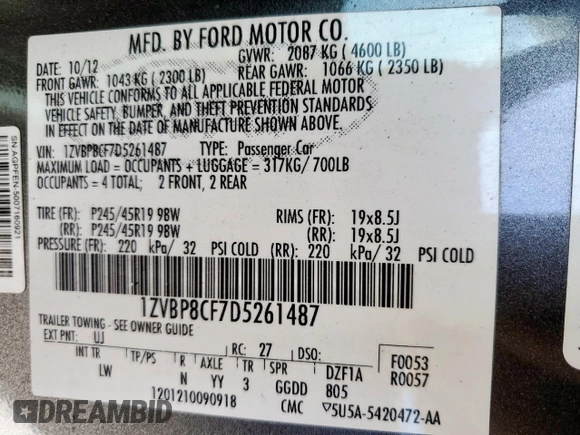 2013 Ford Mustang GT with VIN 1ZVBP8CF7D5261487, listed as a Copart auction lot 50201015 with 121,012 mi miles and Clean title. Bid and sale history available at DreamBid. Image 15.
