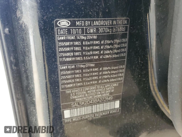 2011 Land Rover Range Rover Sport HSE Lux with VIN SALSK2D43BA272849, listed as a Copart auction lot 50518695 with Not Provided miles and Salvage Title. Bid and sale history available at DreamBid. Image 14.