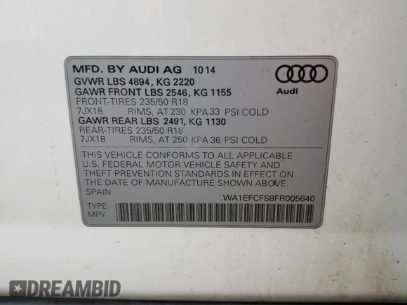2015 Audi Q3 2.0T Premium Plus with VIN WA1EFCFS8FR005640, listed as a Copart auction lot 56639663 with 85,279 mi miles. Bid and sale history available at carsss.com. Image 13.