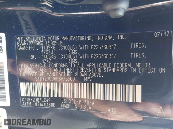2017 Toyota Sienna XLE Auto Access Seat with VIN 5TDYZ3DC6HS875509, listed as a IAAI auction lot 42367524 with 169,345 mi miles and . Bid and sale history available at DreamBid. Image 9.