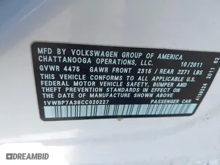 2012 Volkswagen Passat SE with VIN 1VWBP7A38CC020227, listed as a IAAI auction lot 41644536 with 227,205 mi miles. Bid and sale history available at carsss.com. Image 9.