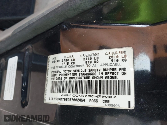1994 Saab 900 z VIN YS3AK76E4R7002454, wystawiony jako IAAI lot #42147468 z przebiegiem 538 mil mil oraz . Historia ofert i sprzedaży dostępna na DreamBid. Obrazek 9.