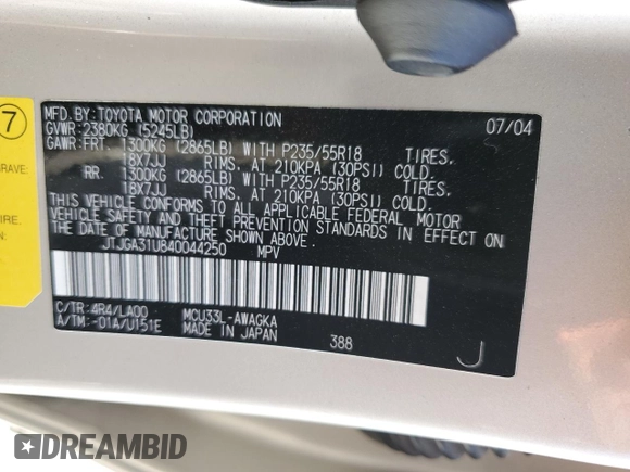 2004 Lexus RX 330 z VIN JTJGA31U840044250, wystawiony jako Copart lot #58206195 z przebiegiem 165 038 mil mil oraz Szkoda całkowita • Salvage title. Historia ofert i sprzedaży dostępna na DreamBid. Obrazek 13.