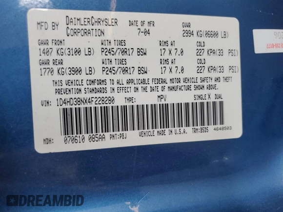 2004 Dodge Durango SXT with VIN 1D4HD38NX4F228280, listed as a Copart auction lot 64987365 with Not provided miles and Salvage title. Bid and sale history available at DreamBid. Image 12.
