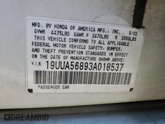 2003 Acura TL Type S with VIN 19UUA56893A018537, listed as a Copart auction lot 79111174 with 0 mi miles and Salvage Title. Bid and sale history available at carsss.com. Image 14.