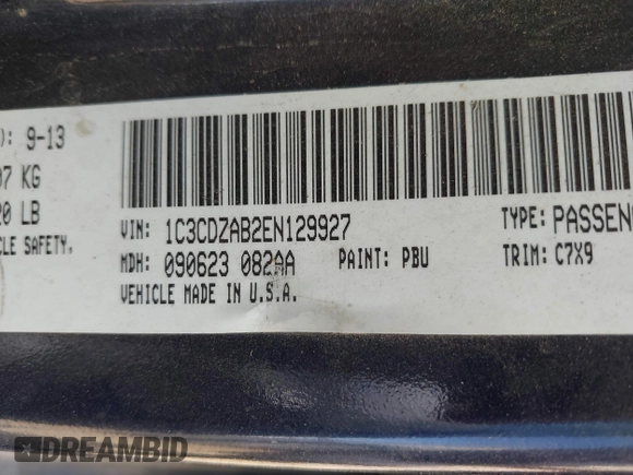 2014 Dodge Avenger SE with VIN 1C3CDZAB2EN129927, listed as a IAAI auction lot 42087663 with 197,339 mi miles. Bid and sale history available at carsss.com. Image 9.