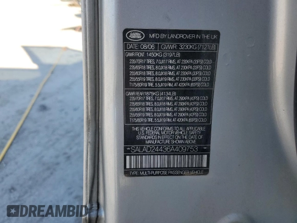 2006 Land Rover LR3 with VIN SALAD24436A409753, listed as a Copart auction lot 42762005 with 233,898 mi miles and Salvage title. Bid and sale history available at DreamBid. Image 16.