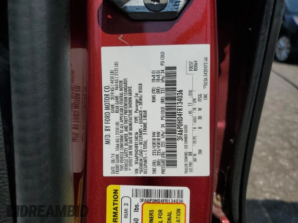 2015 Ford Fusion SE with VIN 3FA6P0HD4FR134036, listed as a Copart auction lot 62656875 with 58,654 mi miles and Clean title. Bid and sale history available at DreamBid. Image 13.