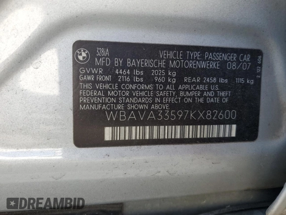 2007 BMW 3 Series 328i with VIN WBAVA33597KX82600, listed as a Copart auction lot 51384475 with 81,597 mi miles and Non Repairable. Bid and sale history available at carsss.com. Image 12.