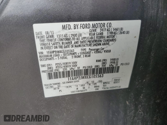 2012 Ford Taurus Limited with VIN 1FAHP2JWXCG105563, listed as a Copart auction lot 52372715 with 187,942 mi miles and Clean title. Bid and sale history available at DreamBid. Image 12.