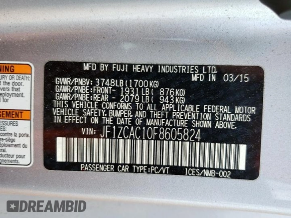 2015 Subaru BRZ Limited with VIN JF1ZCAC10F8605824, listed as a Copart auction lot 60963535 with 38,095 mi miles and Salvage title. Bid and sale history available at DreamBid. Image 13.