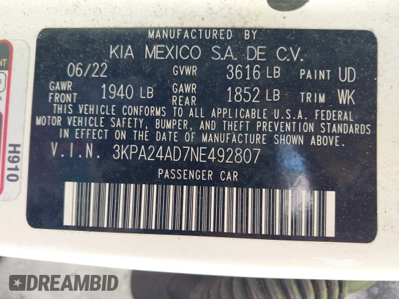 2022 Kia Rio S with VIN 3KPA24AD7NE492807, listed as a IAAI auction lot 42050520 with 100,756 mi miles. Bid and sale history available at carsss.com. Image 9.