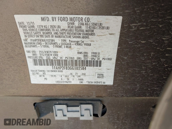 2016 Ford Taurus Limited with VIN 1FAHP2F83GG102584, listed as a IAAI auction lot 42029303 with 150,353 mi miles and . Bid and sale history available at DreamBid. Image 9.