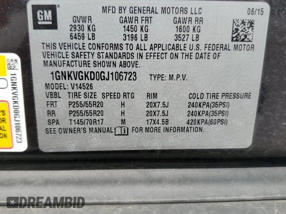2016 Chevrolet Traverse LT with VIN 1GNKVGKD0GJ106723, listed as a Copart auction lot 61208615 with 108,416 mi miles and Salvage title. Bid and sale history available at DreamBid. Image 13.
