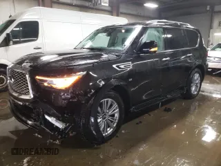 2019 Infiniti QX80 LUXE with VIN JN8AZ2NE5K9233952, listed as a Copart auction lot 45523965 with 107,500 mi miles and Salvage Title. Bid and sale history available at carsss.com. Image 1.