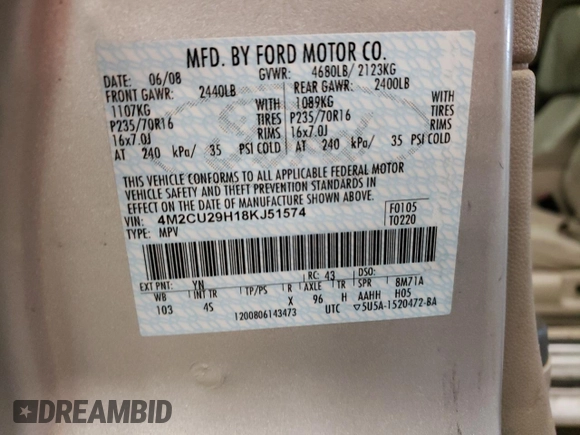 2008 Mercury Mariner with VIN 4M2CU29H18KJ51574, listed as a Copart auction lot 42783135 with 258,963 mi miles and Salvage Title. Bid and sale history available at carsss.com. Image 13.