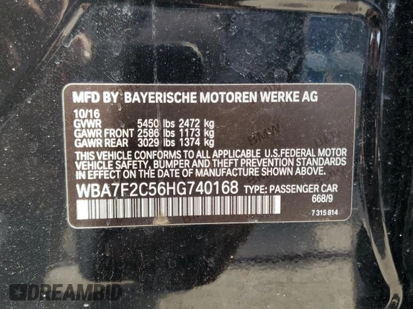 2017 BMW 7 Series 740i with VIN WBA7E2C56HG740168, listed as a Copart auction lot 69678504 with 0 mi miles and Clean Title. Bid and sale history available at carsss.com. Image 12.