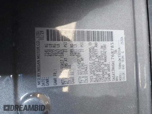 2019 Nissan Rogue SL with VIN 5N1AT2MV6KC768785, listed as a IAAI auction lot 41585524 with 58,042 mi miles. Bid and sale history available at carsss.com. Image 9.
