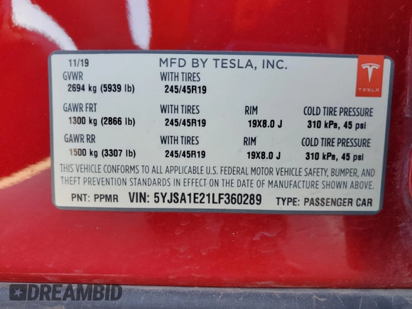 2020 Tesla Model S Long Range with VIN 5YJSA1E21LF360289, listed as a Copart auction lot 53632735 with 107,672 mi miles and Salvage Title. Bid and sale history available at carsss.com. Image 17.