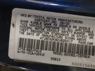 2002 Toyota Camry LE z VIN 4T1BE32K82U626817, wystawiony jako IAAI lot #42157820 z przebiegiem 200 810 mil mil oraz . Historia ofert i sprzedaży dostępna na DreamBid. Obrazek 9.