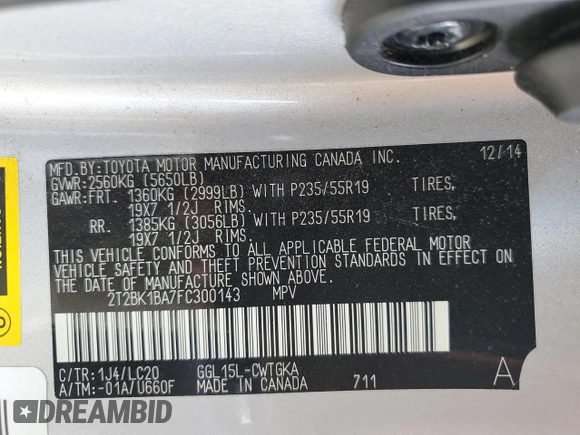 2015 Lexus RX 350 with VIN 2T2BK1BA7FC300143, listed as a Copart auction lot 58147855 with 89,512 mi miles and Salvage title. Bid and sale history available at DreamBid. Image 12.