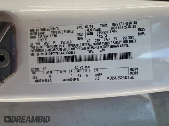 2015 Ford Escape S with VIN 1FMCU0F77FUA09281, listed as a Copart auction lot 48754055 with Not Provided miles and Salvage Title. Bid and sale history available at DreamBid. Image 13.