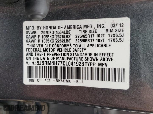 2012 Honda CR-V EX-L with VIN 5J6RM4H77CL041923, listed as a Copart auction lot 59721555 with 123,065 mi miles and Salvage title. Bid and sale history available at DreamBid. Image 14.