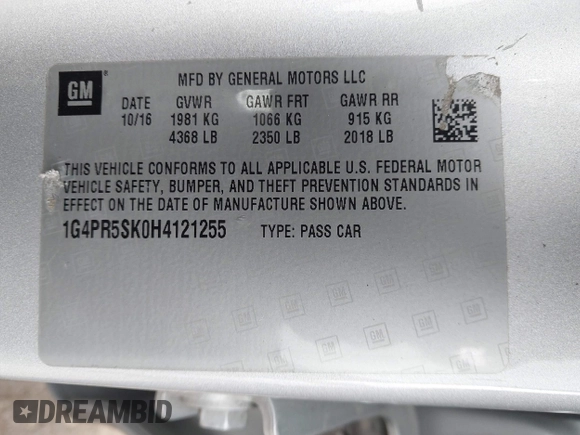 2017 Buick Verano Sport Touring with VIN 1G4PR5SK0H4121255, listed as a IAAI auction lot 42078613 with 137,029 mi miles. Bid and sale history available at carsss.com. Image 9.