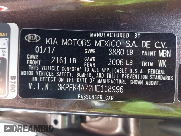 2017 Kia Forte LX with VIN 3KPFK4A72HE118996, listed as a IAAI auction lot 41978859 with 75,191 mi miles. Bid and sale history available at carsss.com. Image 9.