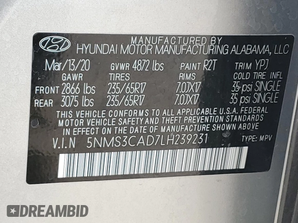 2020 Hyundai Santa Fe SEL with VIN 5NMS3CAD7LH239231, listed as a Copart auction lot 70031602 with 22,025 mi miles. Bid and sale history available at carsss.com. Image 13.