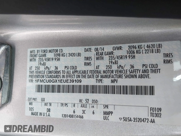 2014 Ford Escape SE с VIN 1FMCU0GX1EUE39109, выставлен на аукционе IAAI как лот 38663532 с пробегом 90 645 миль миль и . История ставок и продаж доступна на DreamBid. Изображение 9.