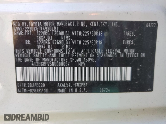 2022 Toyota RAV4 Hybrid XSE with VIN 4T3E6RFV5NU080667, listed as a Copart auction lot 53022975 with 72,721 mi miles and Salvage title. Bid and sale history available at DreamBid. Image 13.