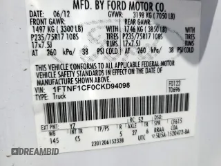 2012 Ford F-150 XL with VIN 1FTNF1CF0CKD94098, listed as a Copart auction lot 58035235 with 169,584 mi miles and Salvage title. Bid and sale history available at DreamBid. Image 12.