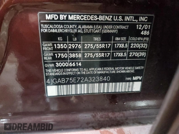 2002 Mercedes-Benz M-Class with VIN 4JGAB75E72A323840, listed as a Copart auction lot 75729384 with 122,811 mi miles and Salvage Title. Bid and sale history available at carsss.com. Image 13.
