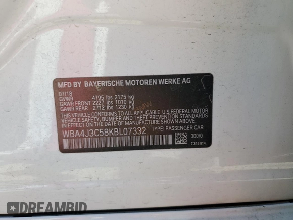 2019 BMW 4 Series 430i xDrive with VIN WBA4J3C58KBL07332, listed as a Copart auction lot 57670745 with 84,782 mi miles and Salvage title. Bid and sale history available at DreamBid. Image 12.