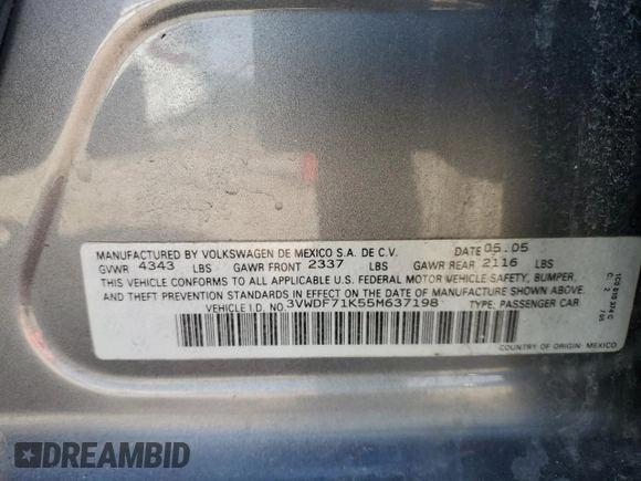 2005 Volkswagen Jetta 2.5L with VIN 3VWDF71K55M637198, listed as a Copart auction lot 47421405 with 254,883 mi miles and Salvage title. Bid and sale history available at DreamBid. Image 14.