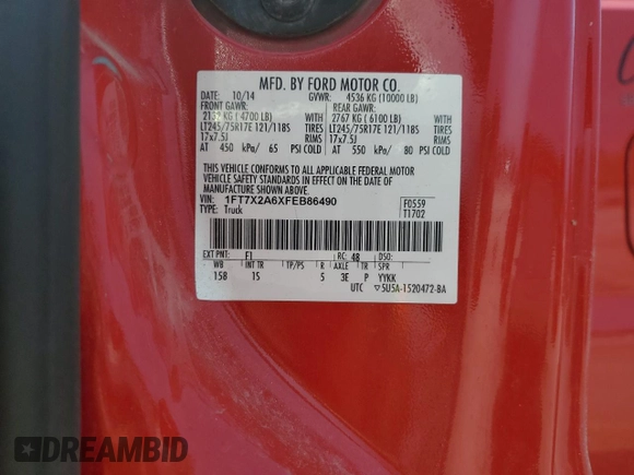2015 Ford F-250 XLT with VIN 1FT7X2A6XFEB86490, listed as a Copart auction lot 59907905 with 353,692 mi miles and Salvage title. Bid and sale history available at DreamBid. Image 12.