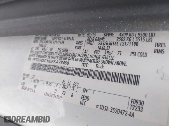 2015 Ford Transit with VIN 1FTSW2CM0FKA78468, listed as a IAAI auction lot 42493393 with 266,267 mi miles and . Bid and sale history available at DreamBid. Image 9.