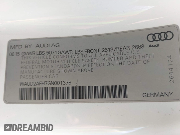 2016 Audi A5 Premium with VIN WAUD2AFH7GN001378, listed as a IAAI auction lot 41599516 with 62,266 mi miles and . Bid and sale history available at DreamBid. Image 9.