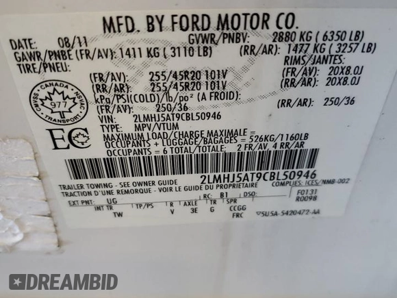 2012 Lincoln MKT EcoBoost with VIN 2LMHJ5AT9CBL50946, listed as a Copart auction lot 48763435 with 127,704 mi miles and Clean Title. Bid and sale history available at DreamBid. Image 13.