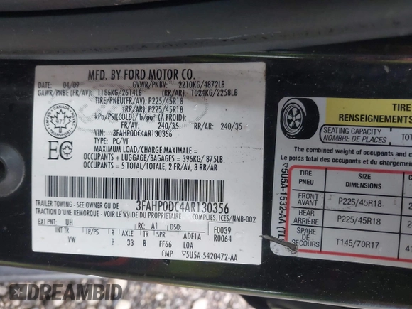 2010 Ford Fusion SPORT with VIN 3FAHP0DC4AR130356, listed as a IAAI auction lot 41724881 with 155,285 mi miles. Bid and sale history available at carsss.com. Image 9.
