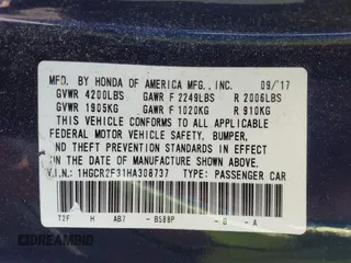 2017 Honda Accord Sedan LX with VIN 1HGCR2F31HA308737, listed as a IAAI auction lot 41931514 with 127,106 mi miles. Bid and sale history available at carsss.com. Image 9.